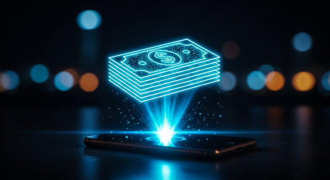 Digital currency stack with glowing blockchain network on smartphone screen