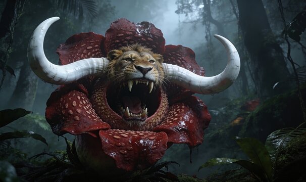 Fantasy Chimera Creature Hybrid of Lion and Rafflesia with Large Horns