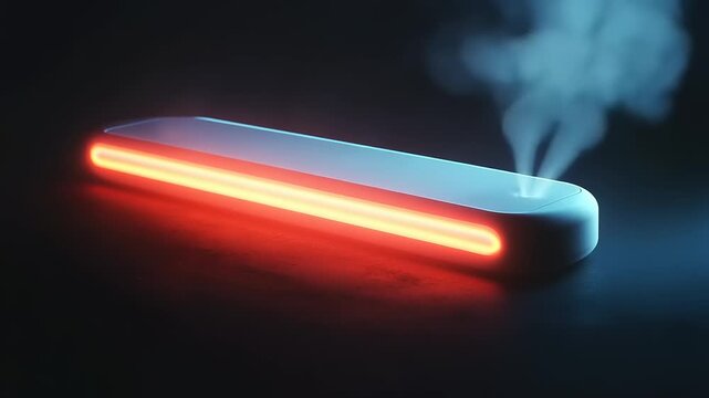 Modern electronic device emitting steam and glowing red light in dark room.