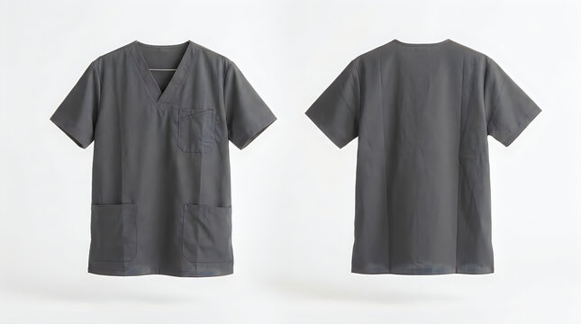 Front and back view of a dark gray medical scrub top