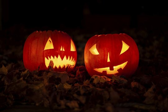 Glowing pumpkins at night, pumpkin face, carved pumpkins, grimace, halloween, dark background