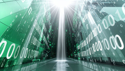 Fototapeta premium Experience a futuristic data corridor where radiant beams illuminate glowing binary code. This green matrix represents AI, cybersecurity, and digital innovation in a hightech world.