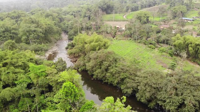 Aerial view of Rio Achiote, near Puerto Quito, Ecuador. Running through a largely human altered landscape which was formerly lowland rainforest in the biodiverse Choco Biogeographical Region