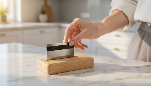 Womans hand inserting a credit card into a minimalist wooden reader on a marble surface. Concept for secure home shopping, financial technology, and modern lifestyle. Ideal for premium fintech ads.