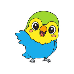 Obraz premium Cute lovebird illustration icon element featuring blue, yellow, and green colors with various playful and cheerful expressions.
