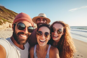 Fototapeta premium Group of diverse friends smiling and laughing, enjoying a sunny day on the beach