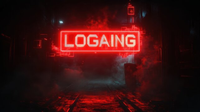 Dystopian cyberpunk alley with glowing red neon sign displaying LOGAING, fog and smoke, wet reflective tracks, dark industrial buildings, eerie ominous atmosphere