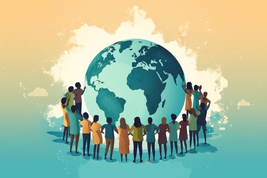 Diverse group of people forming a circle around the planet earth, symbolizing global unity and community