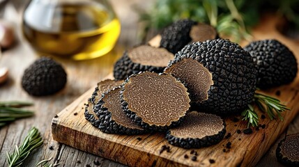 Obraz premium Sliced and whole black truffles on a wooden cutting board with rosemary sprigs and a bottle of olive oil, rustic earthy gourmet mood