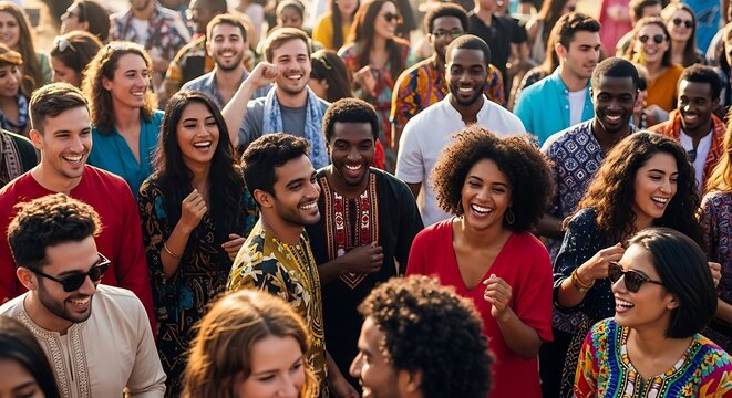 Diverse group of people dancing together.