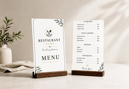 Realistic Vertical Menu Poster Mockup on Wooden Stand with Shadow Overlay