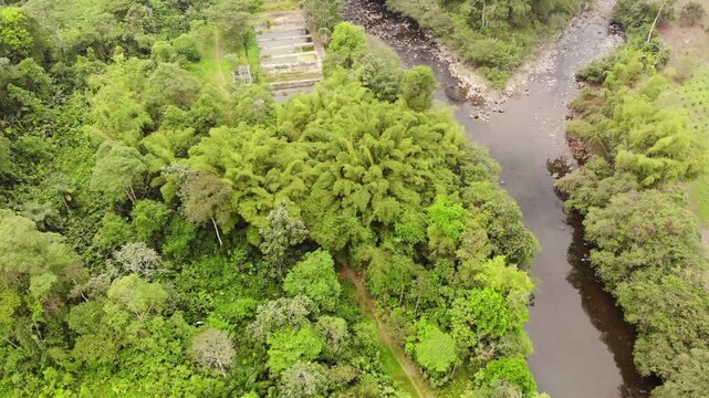 Aerial view of Rio Achiote, near Puerto Quito, Ecuador. Running through a largely human altered landscape which was formerly lowland rainforest in the biodiverse Choco Biogeographical Region