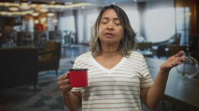 Woman holding red coffee cup, hand to forehead and raised palm, wearing striped v neck t shirt, middle aged in building; pensive.