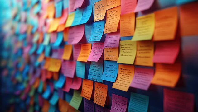 colorful wall covered in rows of handwritten sticky notes, vibrant busy scene of creative brainstorming and collaborative planning