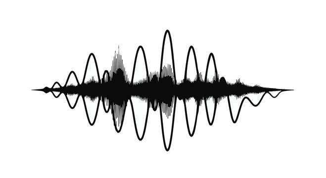 Sound wave visualization depicts an abstract digital signal pattern with rhythmic frequency lines that represent audio data processing and modern acoustic technology in a clean monochrome style.
