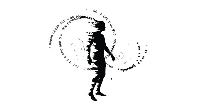 Silhouette of a person walking through a digital vortex of binary code explores the profound intersection of human identity and advanced artificial intelligence within our modern technological era.