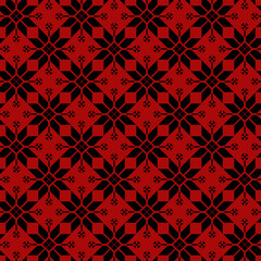 Fototapeta premium Seamless Slavic vector pattern featuring traditional geometric embroidery motifs in bold red and black. Elegant ethnic ornament ideal for textile design, wallpaper, and cultural projects