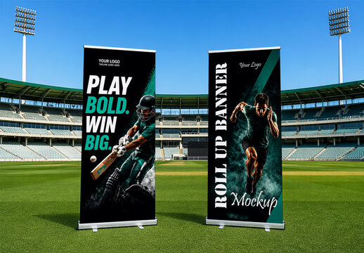 Roll up banner mockup in stadium with sports branding and promotional design