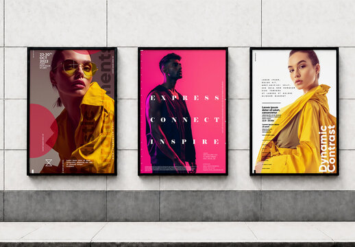 Set of Three Vertical Poster Mockups Hanging on Modern Concrete Wall in Urban Street