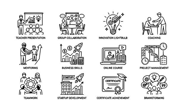 Modern Workshop and Professional Training Line Icon Collection Vector Illustration
