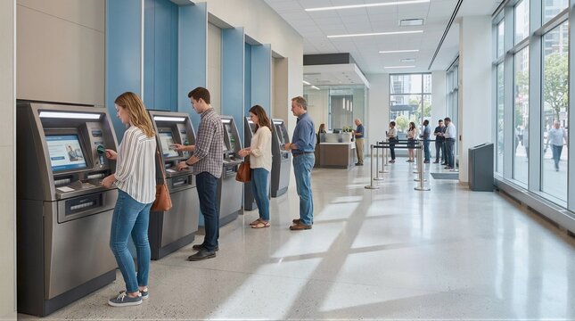 People using automated teller machines inside modern banking hall with large windows