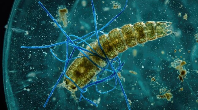 Aquatic crustacean, closely entangled in fine blue microplastic fiber, demonstrating the pervasive danger of plastic contamination within the fragile marine ecosystem, a severe ecological consequence.
