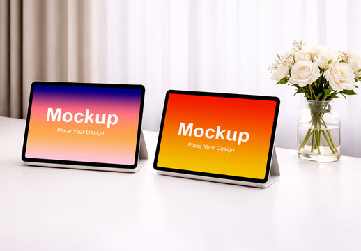Two Digital Tablet Mockups Standing on White Table with Flower Vase in Minimalist Interior