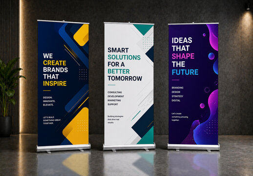 Three Vertical Roll-up Banner Mockups Standing in Modern Office Interior with Spotlight