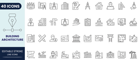 Fototapeta premium Building architecture icon set in outline style. Includes architecture, building, construction, structure, blueprint, and engineering icons. Editable stroke. Vector icon collection.
