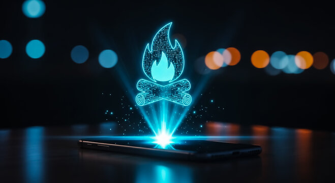 Digital flame emblem glowing on futuristic touchscreen interface with bokeh lights