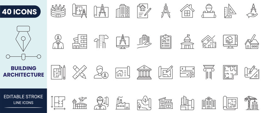Building architecture icon set in outline style. Includes architecture, building, construction, structure, blueprint, and engineering icons. Editable stroke. Vector icon collection.