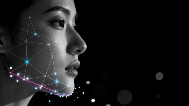 Face with digital geometric overlay