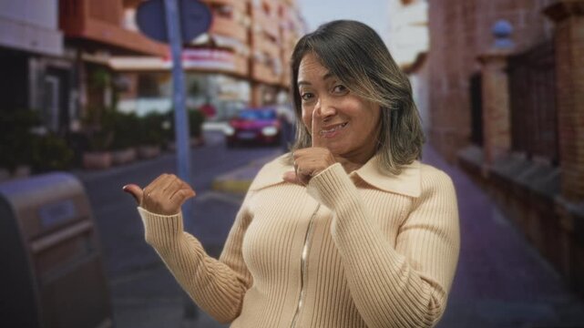 Hispanic woman finger to lips for silence while pointing thumb over shoulder on urban street with beige zip sweater; playful.