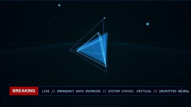 Animated 3D wireframe tetrahedron rotates with breaking news ticker showing critical system status in a futuristic digital cyber environment, emergency data override concept.
