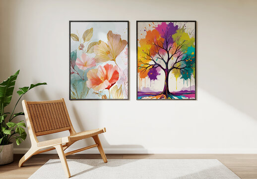 Two Vertical Picture Frame Mockups on White Wall in Bright Living Room with Modern Chair and Plant