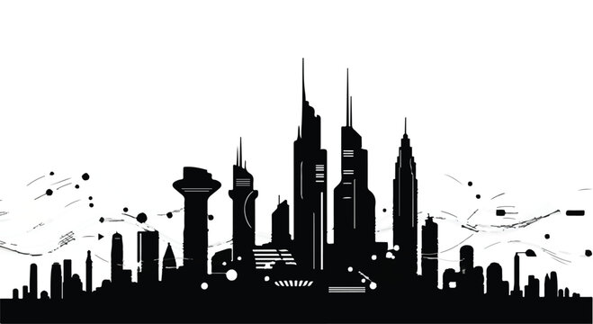 Cityscape skyline features towering skyscrapers and complex architectural structures integrated with abstract digital elements to depict the rapid expansion and futuristic growth of modern urban life.