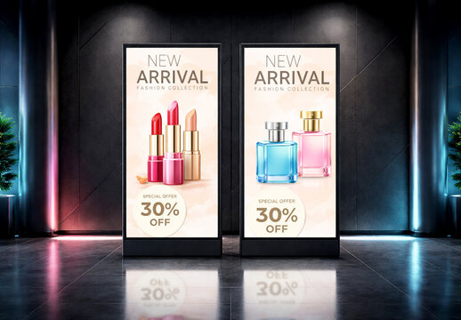 Two Vertical Digital Poster Stand Mockups in Luxury Retail Store with Cosmetic and Perfume Advertisement