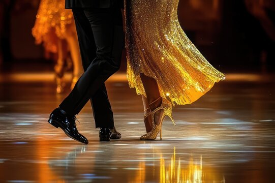 Close-up of a dancing couple's legs on a polished stage: man in black trousers and shiny shoes, woman in a sparkling gold fringe dress and strappy gold heels, elegant glamorous motion