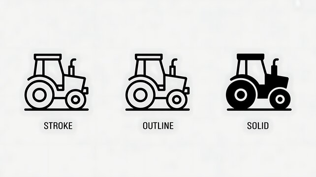 A minimalist icon set design for tractors in three styles