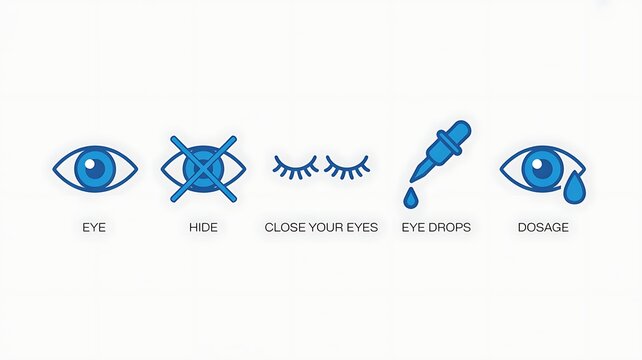 A minimalist icon set featuring eye, hide, close your eyes, eye drops, and dosage symbols