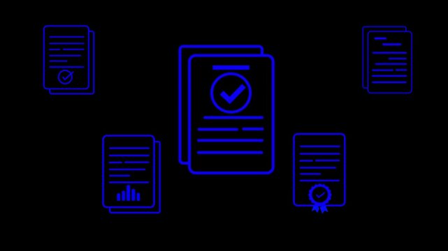 Businessman checking digital documents for online document management, validation process, file processing, and organization of electronic document files.