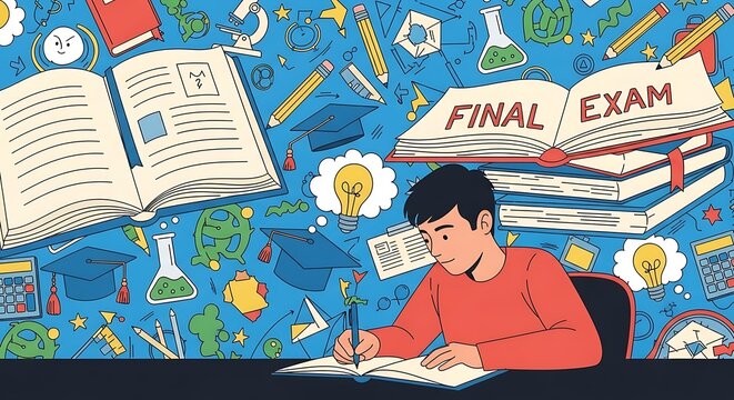 Student taking final exam with books.