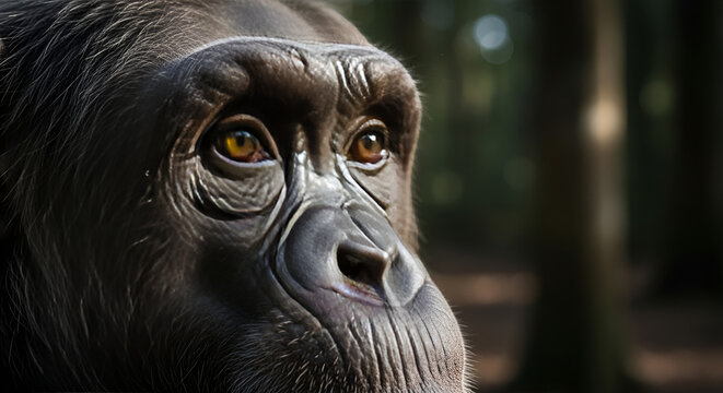 Extreme close up of chimpanzee face with intense monkey eyes
