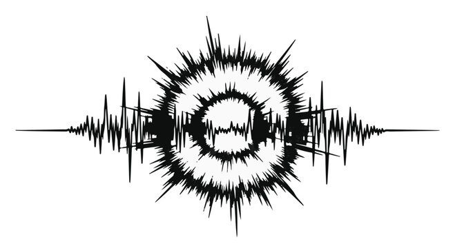 Soundwaves represented by a central circular ripple and jagged audio spikes emanating outward, illustrating the physics of rhythmic vibration and acoustic energy in visual media form.