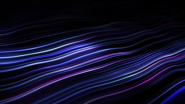 Neon signal ribbons in pink and blue tones forming smooth flowing wave lines. Layered glowing curves  soft blur depth create equalizer style pattern. Abstract digital data stream dark background loop