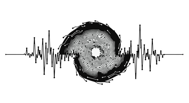 Abstract waveform graphic visualization displays a digital sound signal frequency moving through a circular vortex pattern which highlights technical precision in modern audio engineering data.