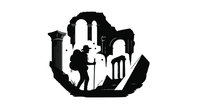 Traveler with a heavy backpack and trekking pole walks through ancient stone ruins, representing the spirit of discovery and the historical exploration of forgotten monumental architecture.