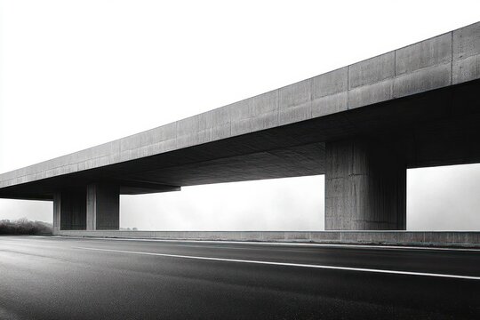 minimalist concrete overpass with massive pillars over an empty wet highway and foggy horizon evoking solitude and austere calm
