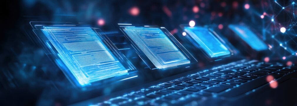 glowing blue holographic data sheets floating above a laptop keyboard in a dynamic futuristic interface