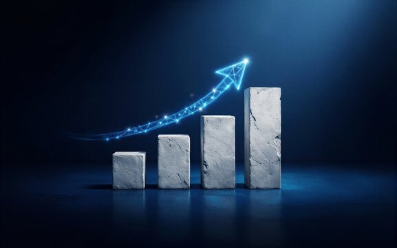 Blue arrow soars above concrete blocks symbolizing growth and
